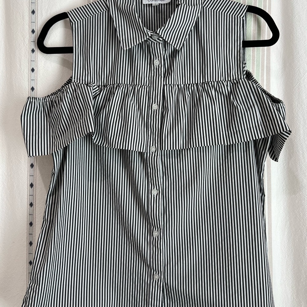 Calvin Klein Black and White Ruffled Blouse